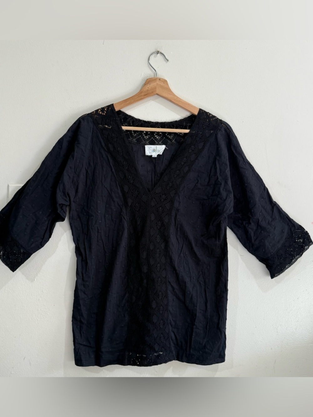 Soler Black V-Neck Crochet Accent Tunic Top